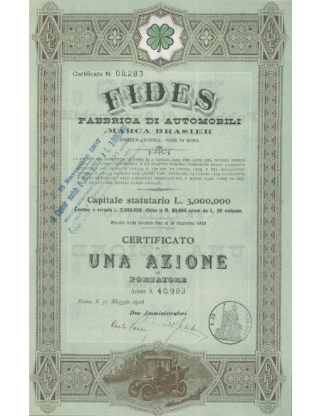 FIDES FABBRICA DI AUTOMOBILI MARCA BRASIER - 1 AZIONE ROMA 1906