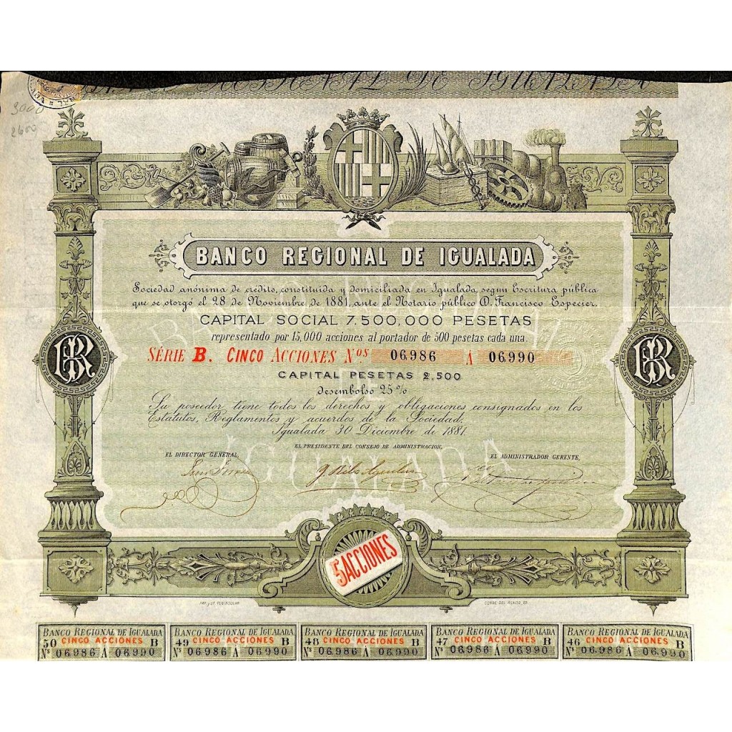 1881 - BANCO REGIONAL DE IGUALADA (5 AZIONI)