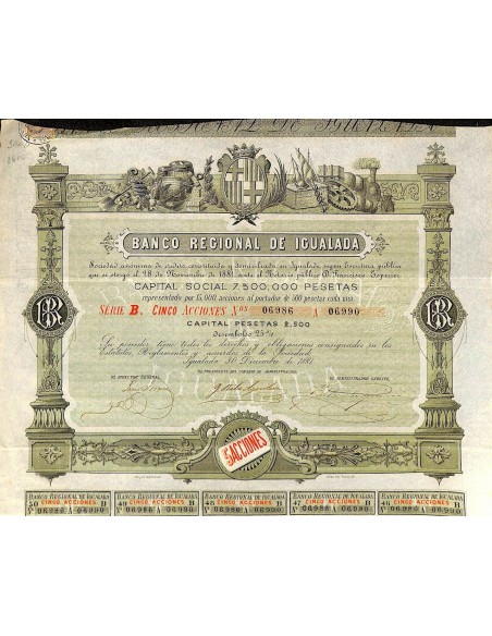 1881 - BANCO REGIONAL DE IGUALADA (5 AZIONI)