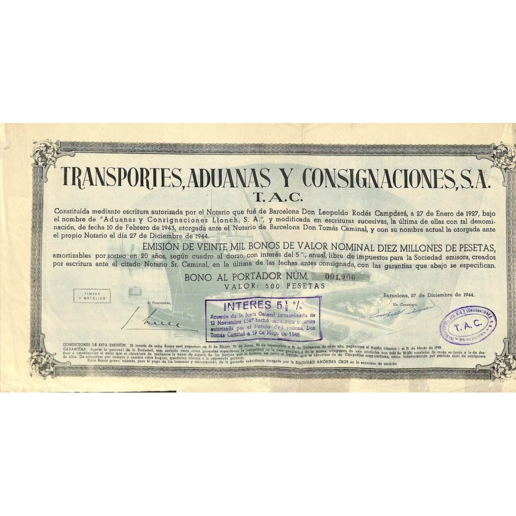 1944 - TRANSPORTES, ADUANAS Y CONSIGNACIONES,...