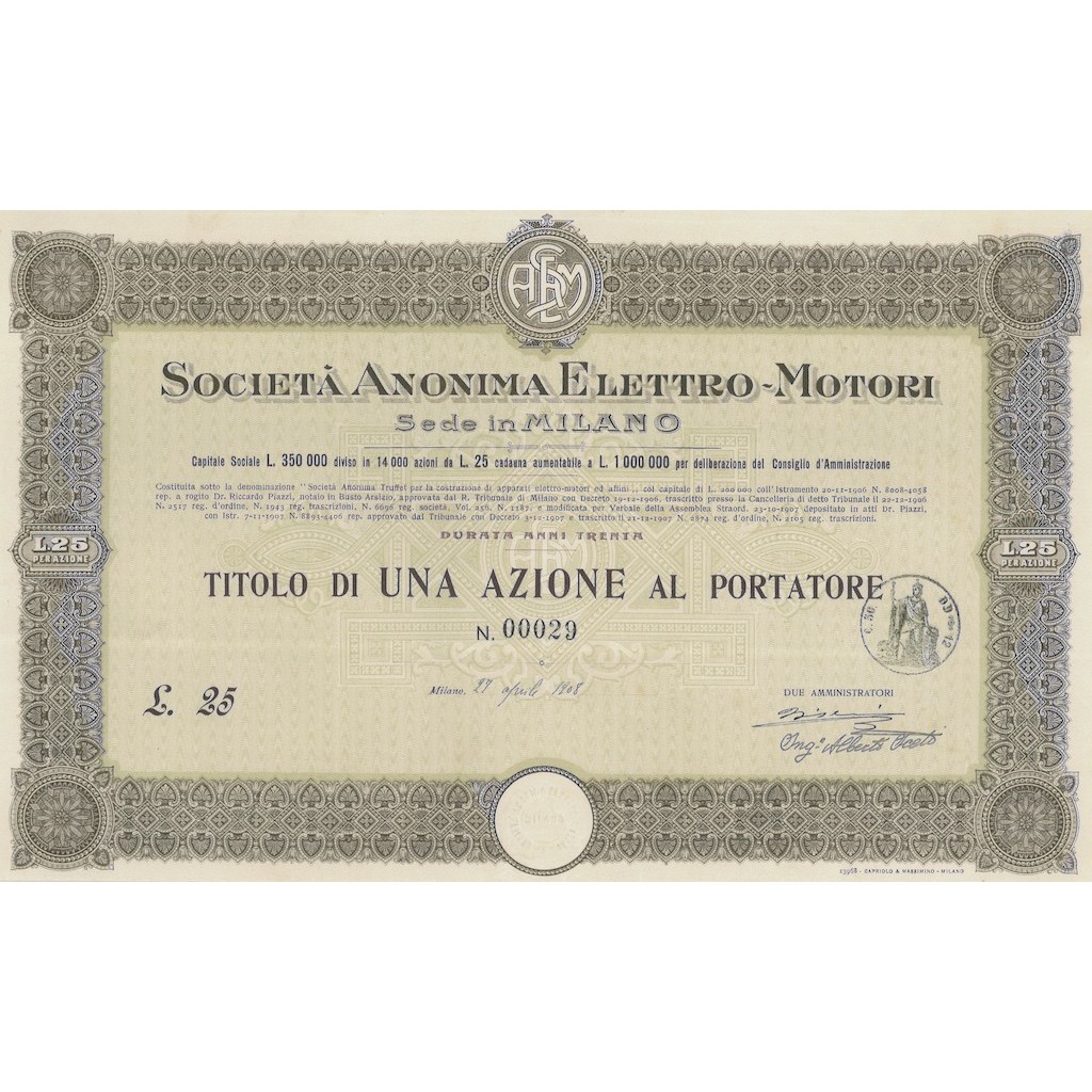 SOC. ANONIMA ELETTRO-MOTORI - UNA AZIONE MILANO 1908