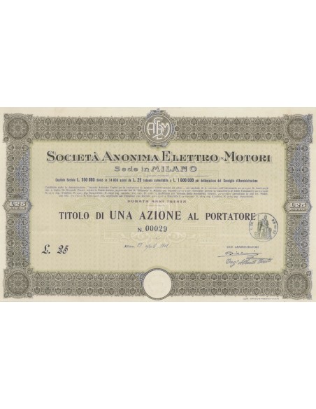 SOC. ANONIMA ELETTRO-MOTORI - UNA AZIONE MILANO 1908