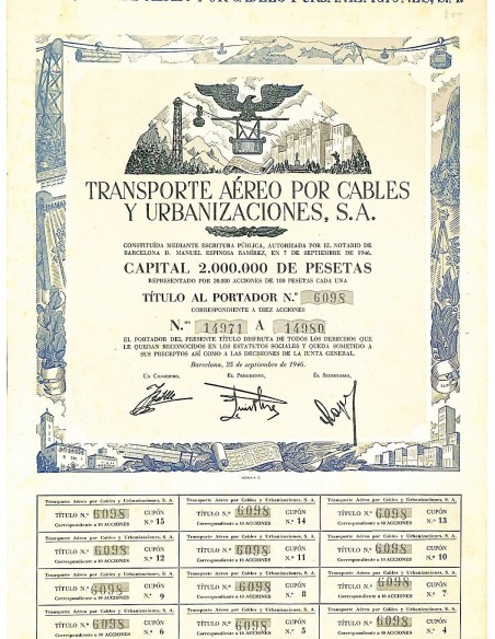 1946 - TRANSPORTE AEREO POR CABLES Y URBANIZACIONES, S. A. (10 AZIONI)