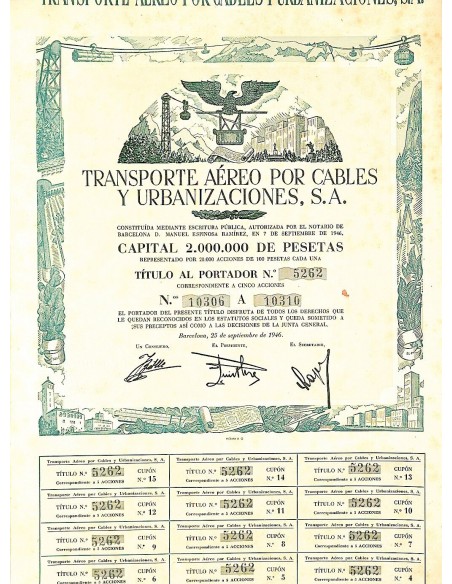1946 - TRANSPORTE AEREO POR CABLES Y URBANIZACIONES, S. A. (5 AZIONI)