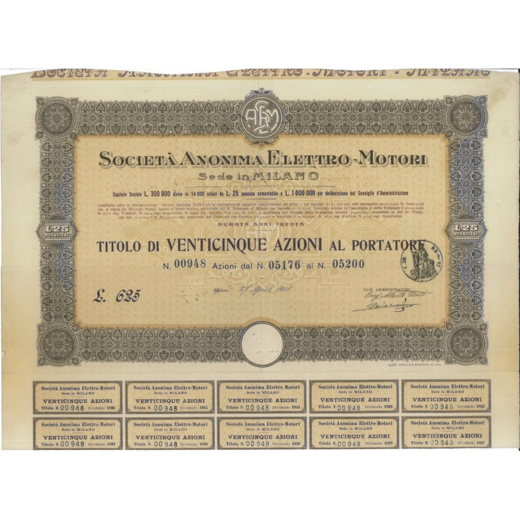SOC. ANONIMA ELETTRO-MOTORI - 25 AZIONI MILANO 1908
