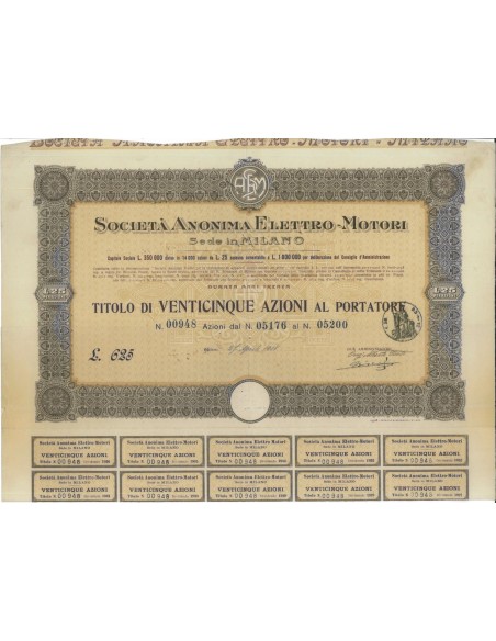SOC. ANONIMA ELETTRO-MOTORI - 25 AZIONI MILANO 1908