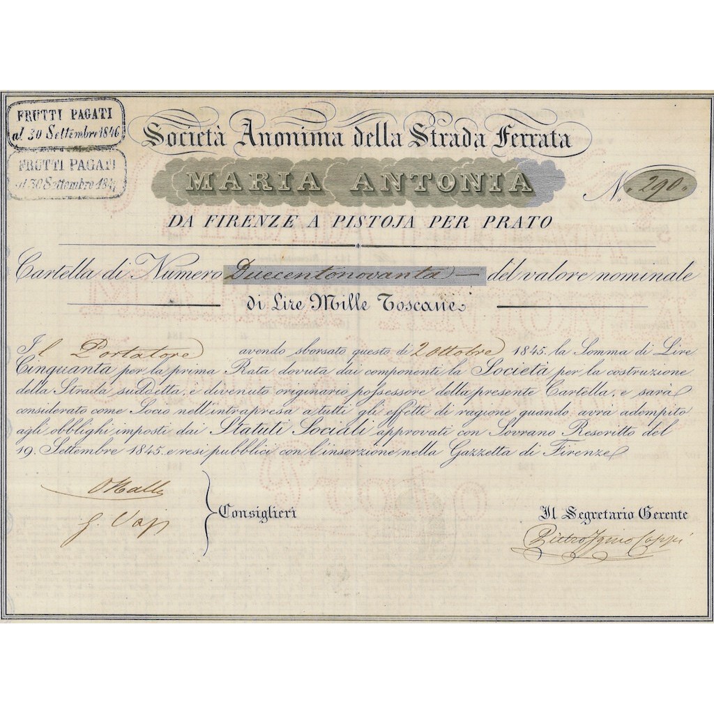 SOC. ANON. DELLA STRADA FERRATA MARIA ANTONIA... 290 AZIONI FIRENZE 1845