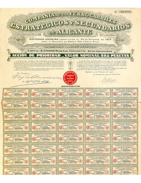 1920 - FERROCARRILES ESTRATEGICO Y SECUNDARIOS DE ALICANTE COMP. DE LOS