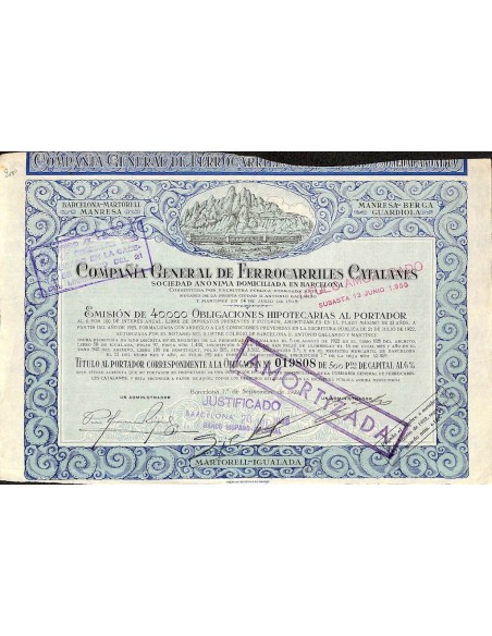1922 - GENERAL DE FERROCARRILES CATALANES COMP. (OBBLIG. IPOTEC.)