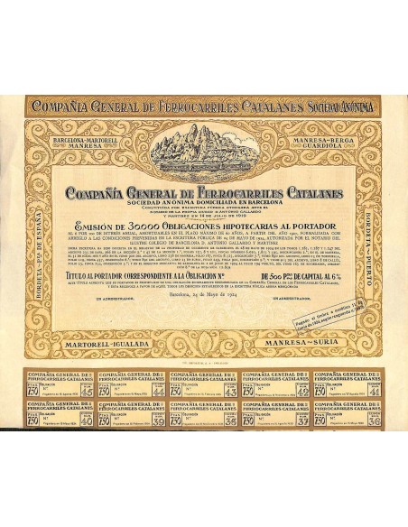 1924 - GENERAL DE FERROCARRILES CATALANES COMP. (OBBLIG. IPOTEC.)