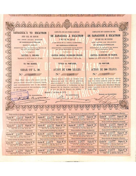 1871 - FERROCARRILES DE ZARAGOZA A ESCATRON COMP. DE LOS