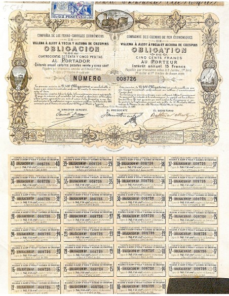1883 - FERRO CARRILES ECONOMICOS VILLENA A ALCOY A YECLA Y ALCUDIA DE CRESPINS