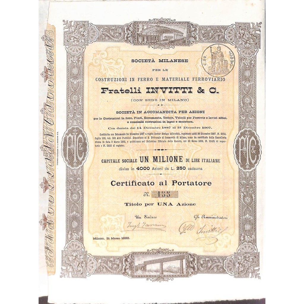 FRATELLI INVITTI & C. - UNA AZIONE MILANO 1888