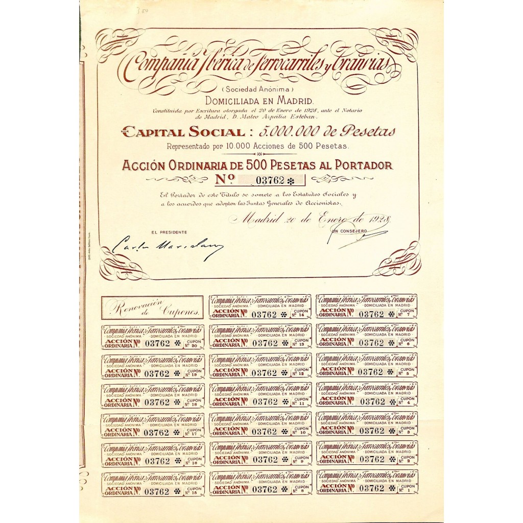 1928 - IBERICA DE FERROCARRILES Y TRANVIAS COMP. (AZIONE ORD.)