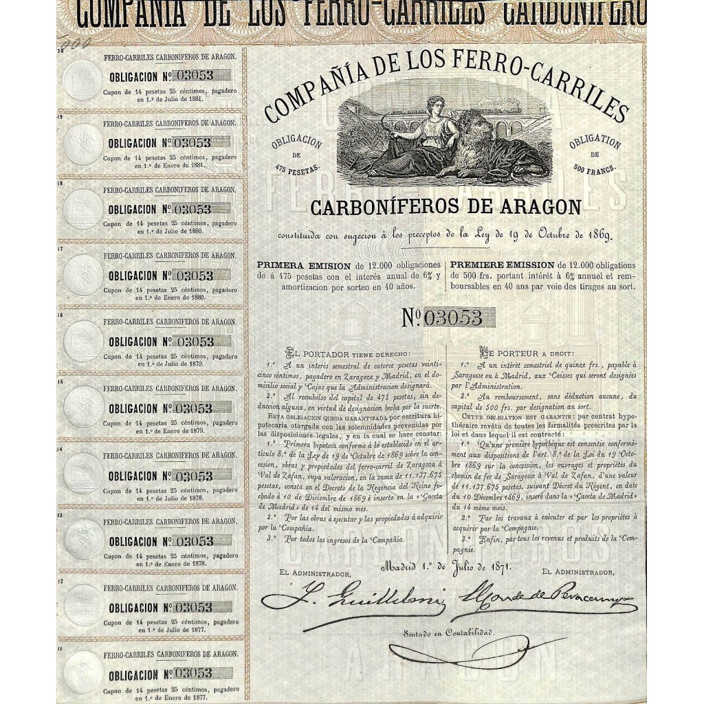 1871 - FERRO-CARRILES CARBONIFEROS DE ARAGON COMP. DE LOS