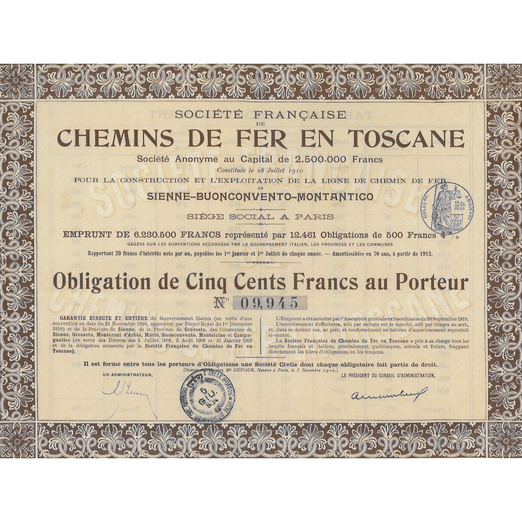 SOC. FRANCAISE CHEMINS DE FER EN TOSCAINE - 1 OBLIGATION 1910