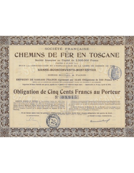 SOC. FRANCAISE CHEMINS DE FER EN TOSCAINE - 1 OBLIGATION 1910