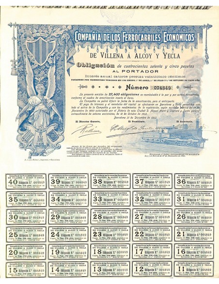 1902 - FERROCARRILES ECONOMICOS DE VILLENA A ALCOY A YECLA COMP. DE LOS