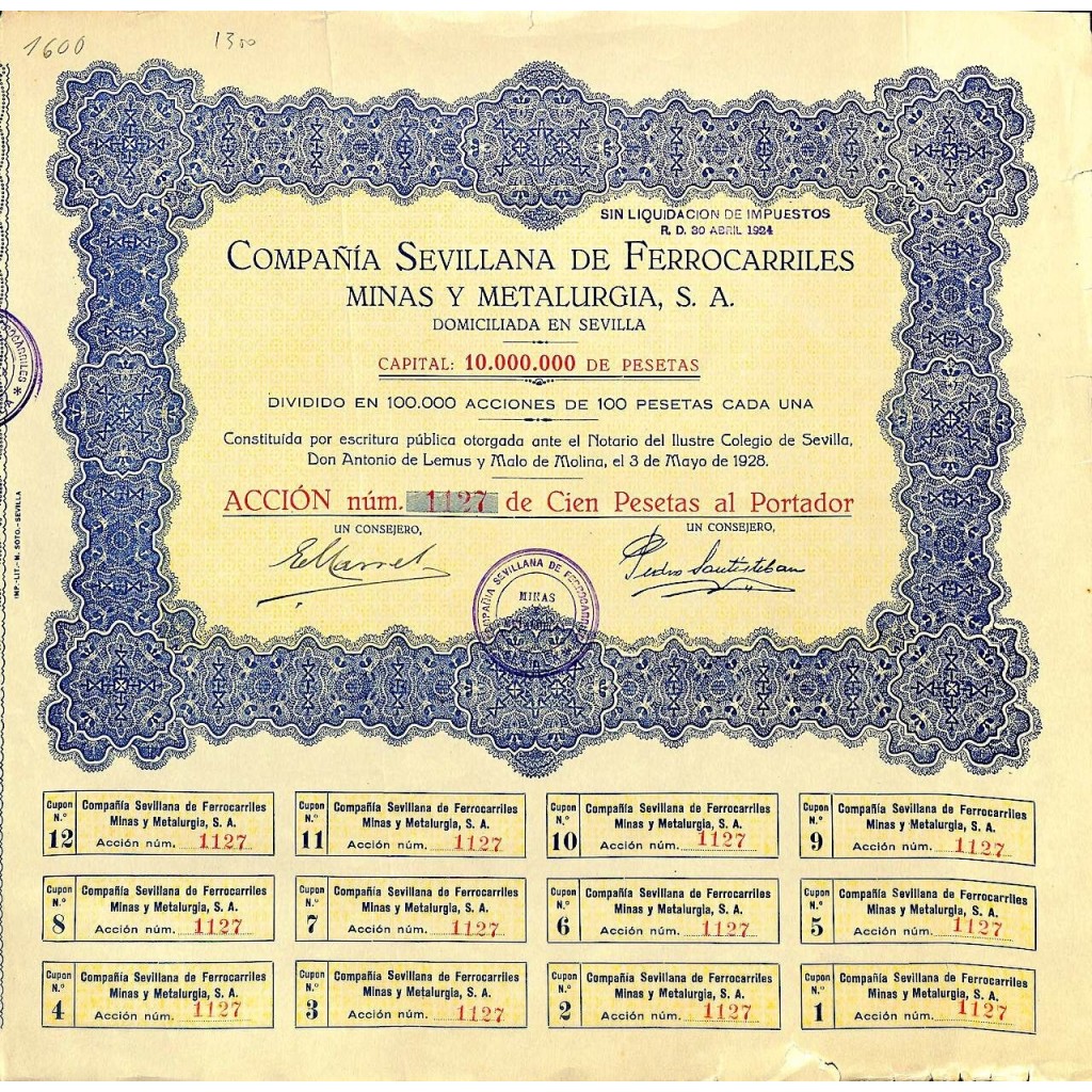 1928 - SEVILLANA DE FERROCARRILES MINAS Y METALURGIA COMP.