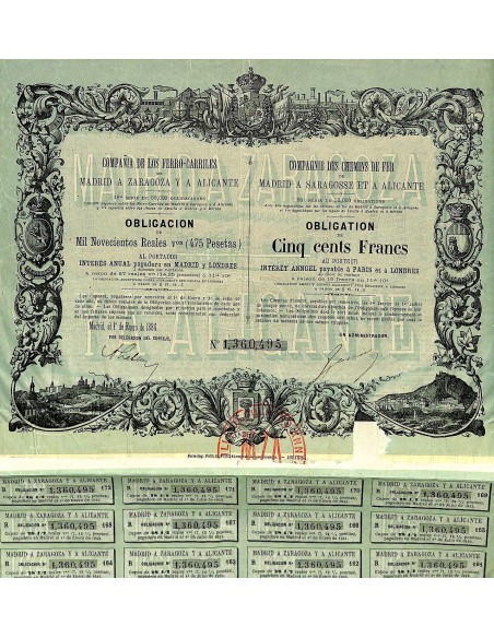 1884 - FERRO-CARRILES DE MADRID A ZARAGOZA Y A ALICANTE COMP. DE LOS