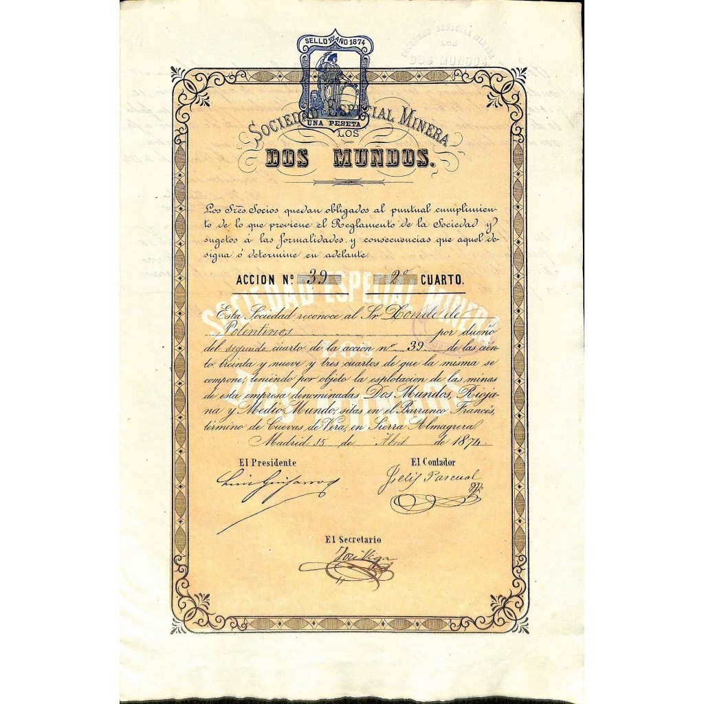 1874 - ESPECIAL MINERA LOS DOS MUNDOS SOC.