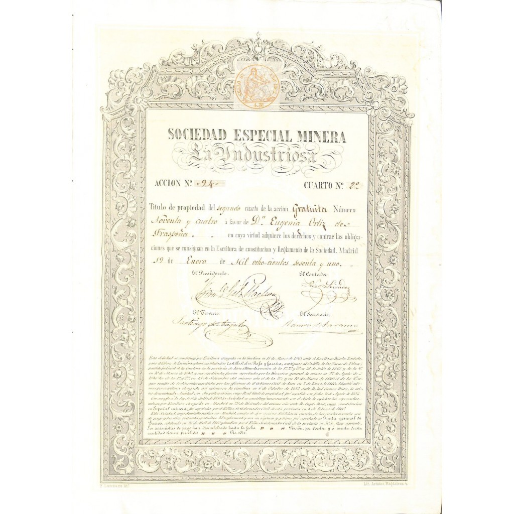 1861 - ESPECIAL MINERA LA INDUSTRIOSA SOC.