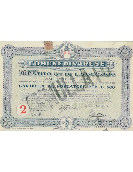 COMUNE DI VARESE SERIE TERZA ANNO VII 1 OBBLIGAZIONE VARESE 1929
