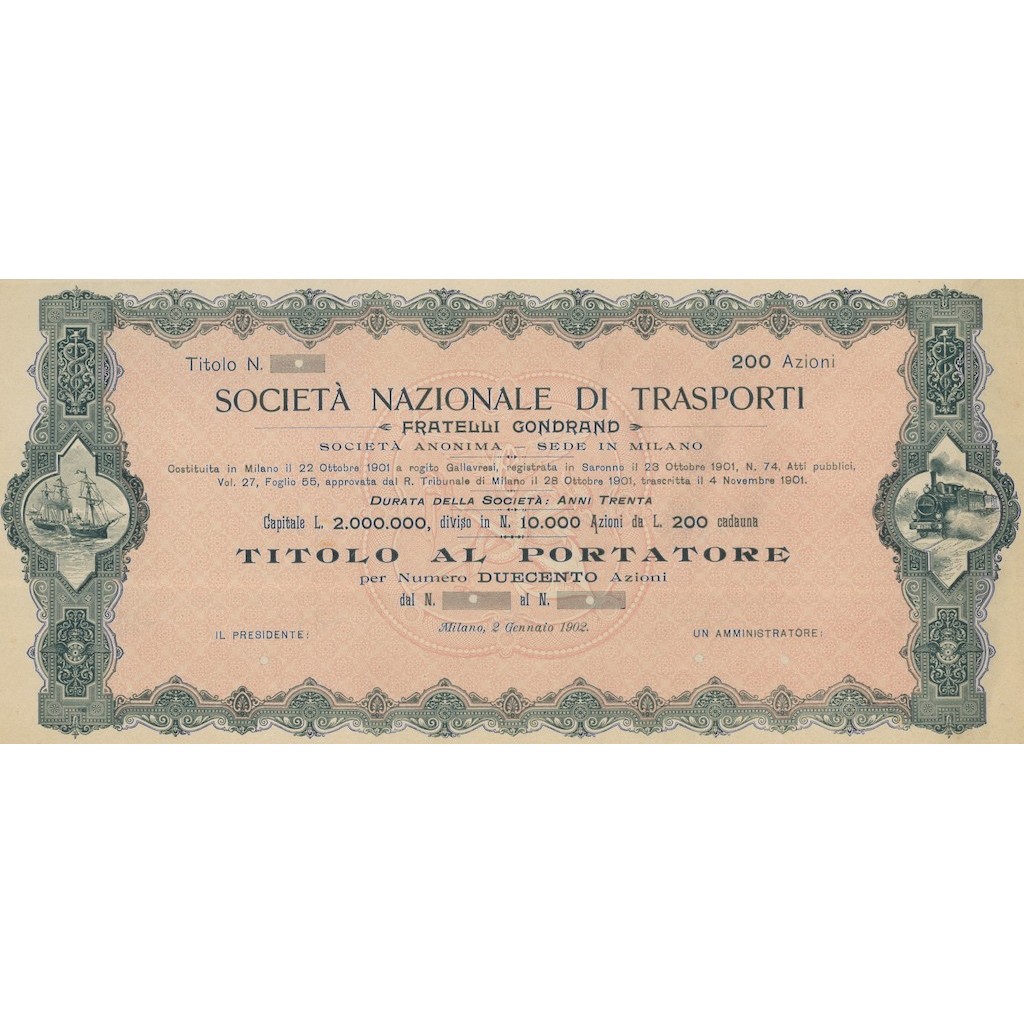 SOC. NAZ. DI TRASPORTI FRATELLI CONDRAND - 200 AZIONI MILANO 1902
