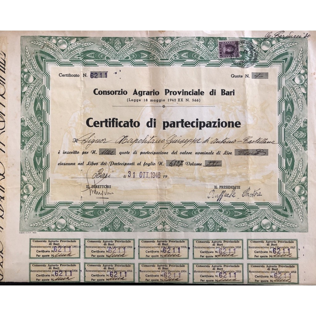 CONSORZIO AGRARIO PROVINCIALE DI BARI - AZIONI VARIABILI - BARI 1946