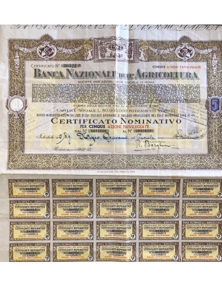 BANCA NAZIONALE DELL AGRICOLTURA - CERTIFICATO DA 5 AZIONI ROMA 1942