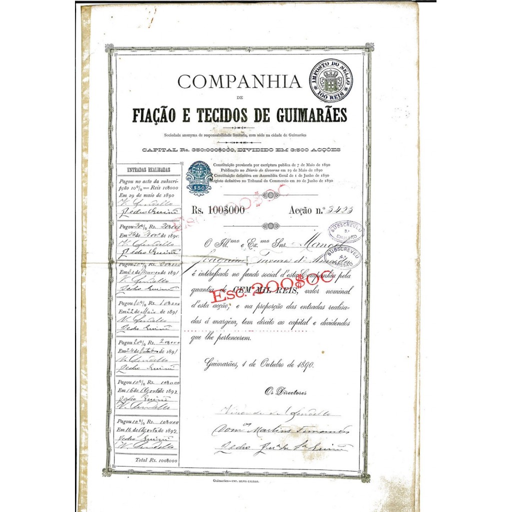 1890 - FIACAO E TECIDOS DE GUIMARAES COMPANHIA DE