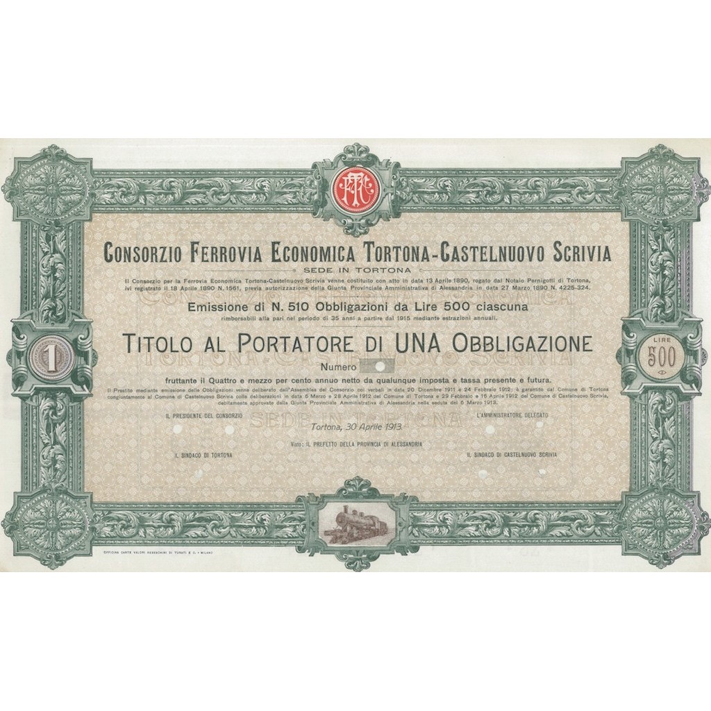 CONS. FERROVIA ECONOMICA TORTONA-CASTELNUOVO SCRIVIA 1 OBBLIGAZIONE 1913