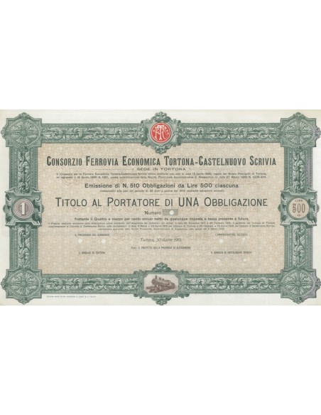 CONS. FERROVIA ECONOMICA TORTONA-CASTELNUOVO SCRIVIA 1 OBBLIGAZIONE 1913