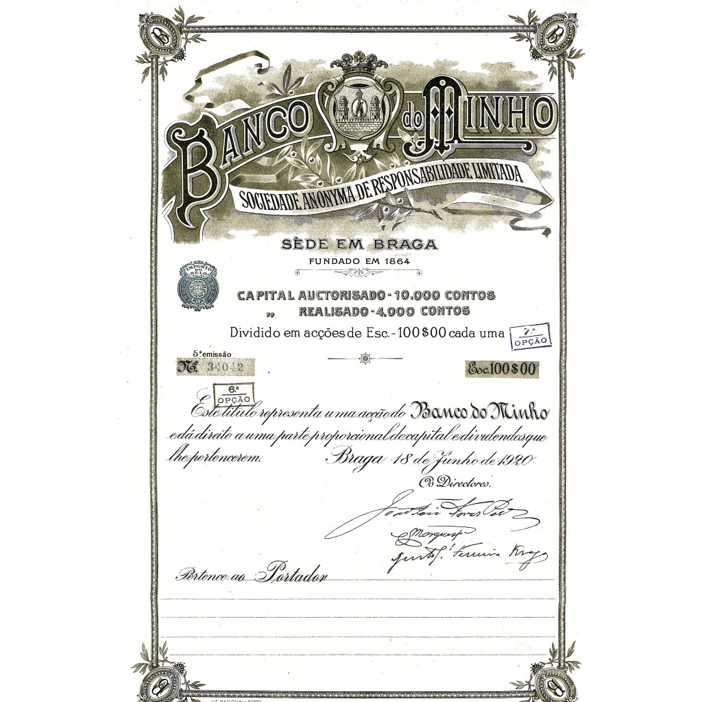 1920 - BANCO DO MINHO - SEDE EM BRAGA - 1 AZIONE