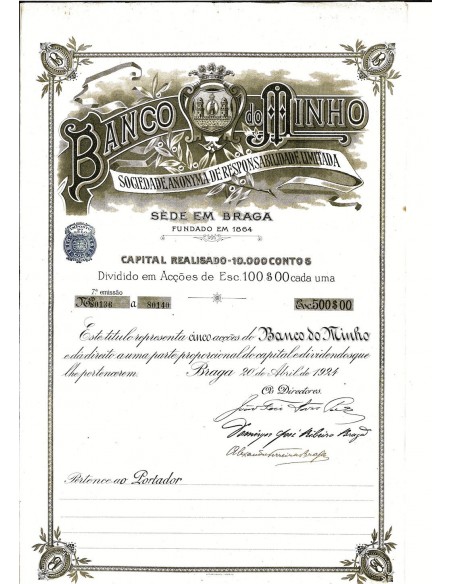 1924 - BANCO DO MINHO - SEDE EM BRAGA - 5 AZIONI