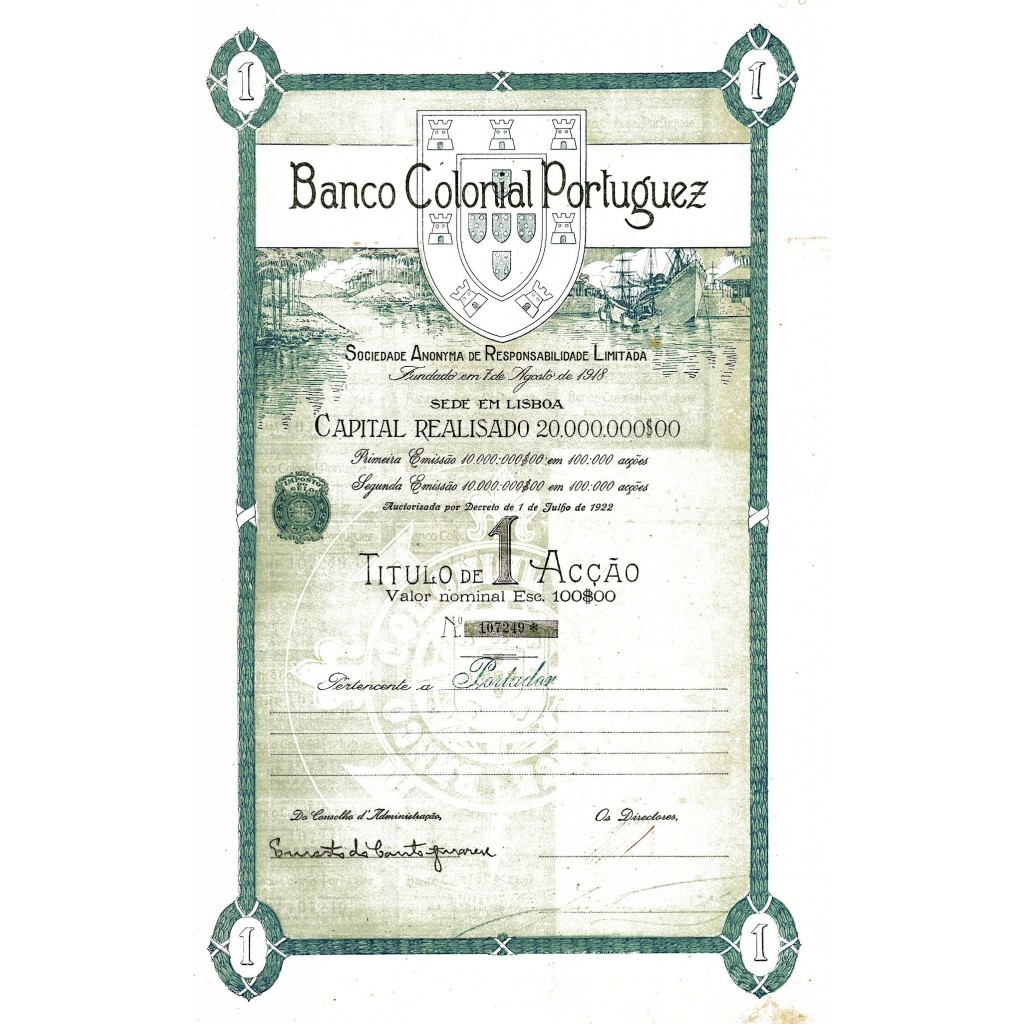 1922 - BANCO COLONIAL PORTUGUEZ (CAP. SOC. 20.000.000 $)