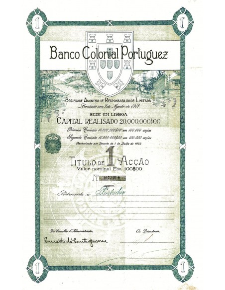 1922 - BANCO COLONIAL PORTUGUEZ (CAP. SOC. 20.000.000 $)