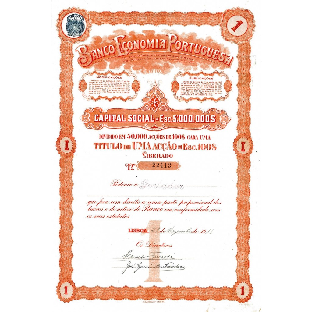 1919 - BANCO ECONOMIA PORTUGUESA (1 AZIONE)