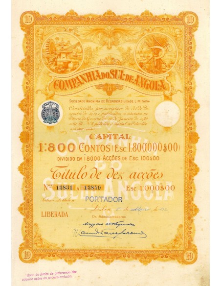 1920 - SUL DE ANGOLA COMPANHIA DO (10 AZIONI)