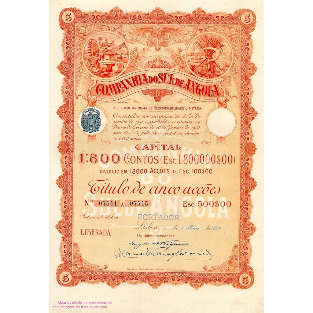 1920 - SUL DE ANGOLA COMP. DO (5 AZIONI)