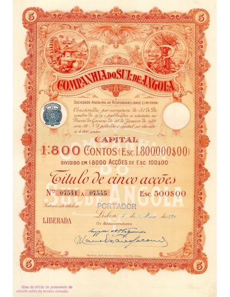 1920 - SUL DE ANGOLA COMP. DO (5 AZIONI)