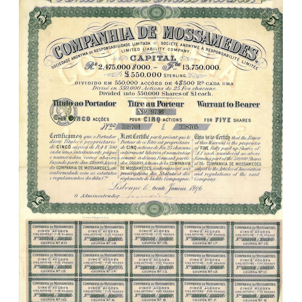 1896 - MOSSAMEDES COMPANHIA DE (5 AZIONI) -...