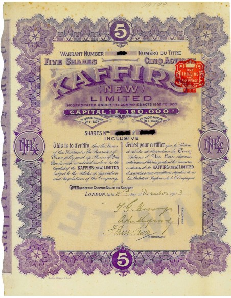1903 - KAFFIRS (NEW) LIMITED (5 AZIONI) - LONDRA