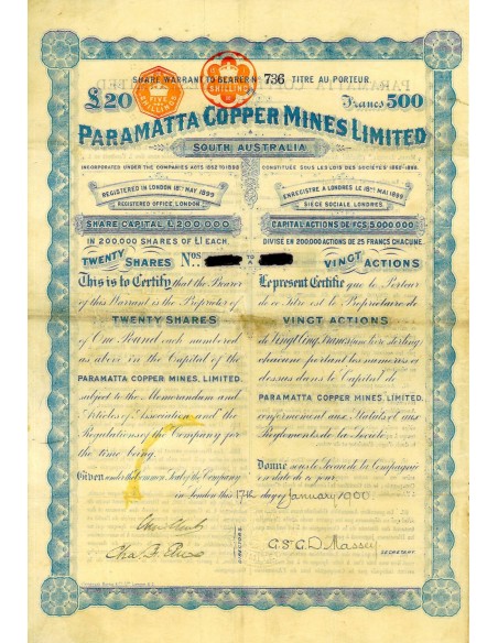 1900 - PARAMATTA COPPER MINES LIMITED (20 AZIONI) - LONDRA