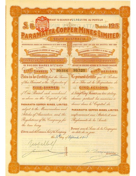 1903 - PARAMATTA COPPER MINES LIMITED (5 AZIONI) - LONDRA