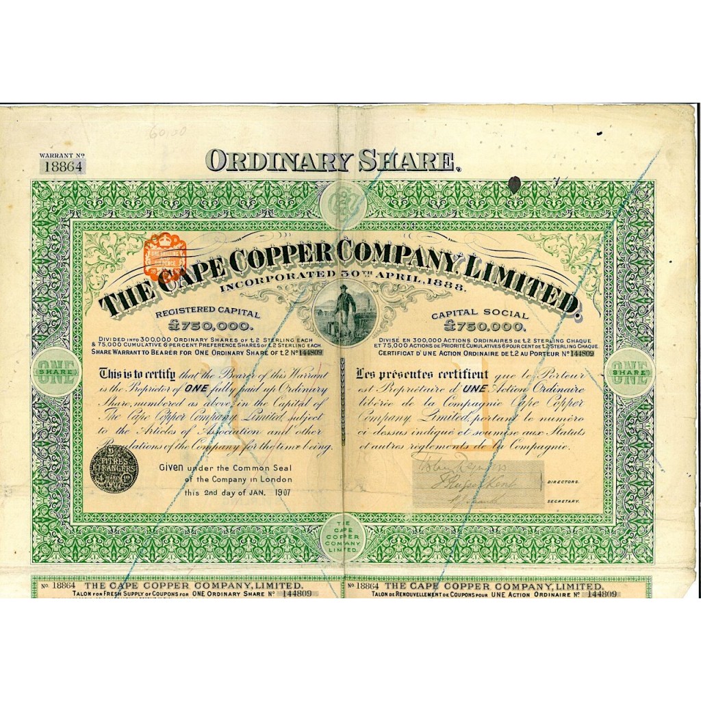 1907 - THE CAPE COPPER COMPANY, LIMITED (1 AZIONE)