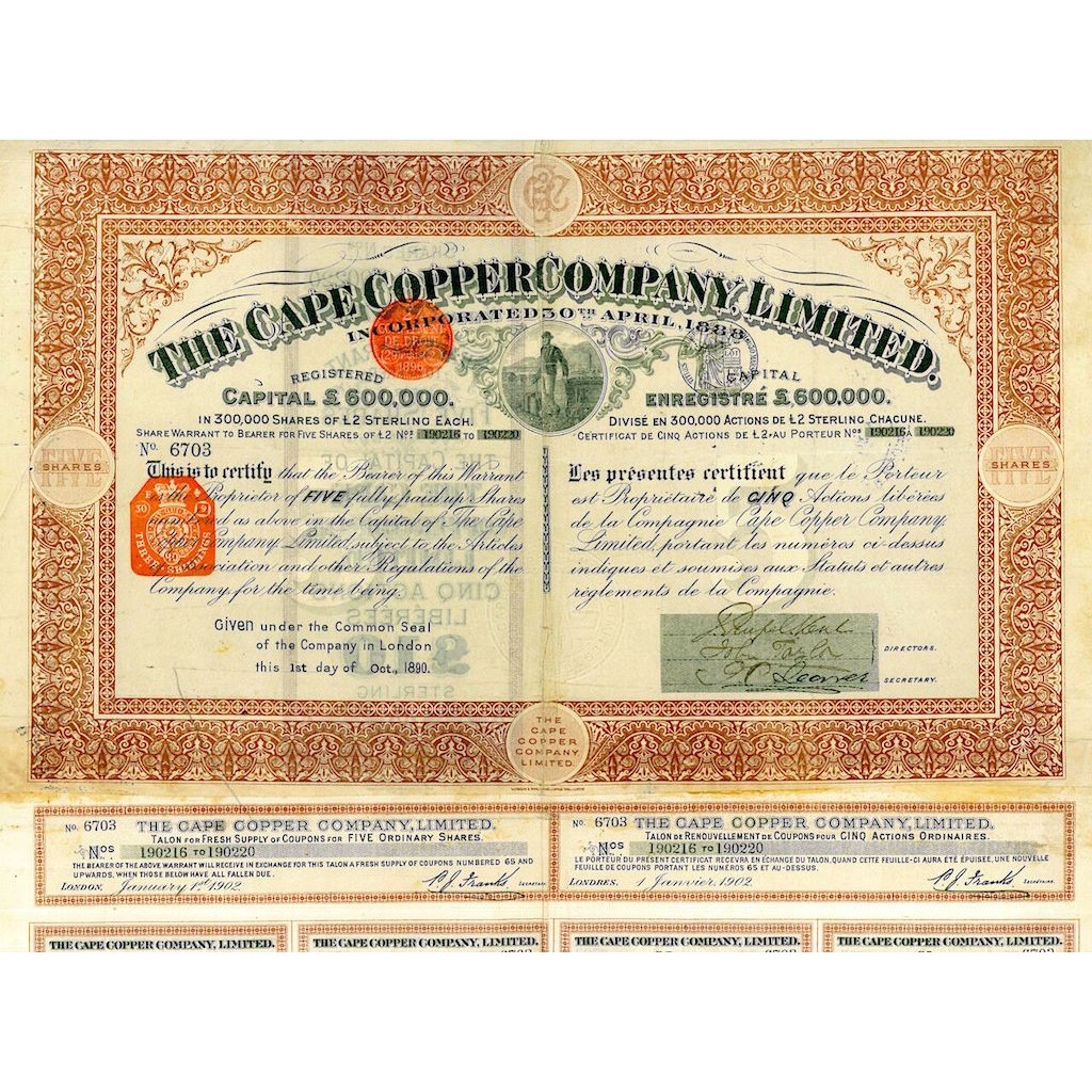 1890 - THE CAPE COPPER COMPANY, LIMITED (5 AZIONI)