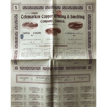 1906 - TELEMARKEN COPPER MINING AND SMELTING COMPANY, LIMITED (5 AZIONI)