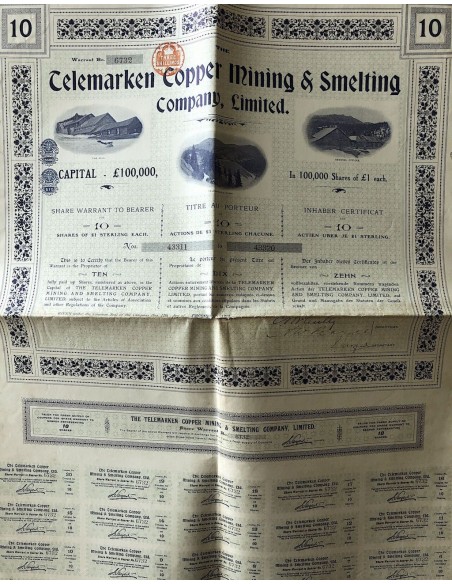 1906 - TELEMARKEN COPPER MINING AND SMELTING COMPANY, LIMITED (10 AZIONI)