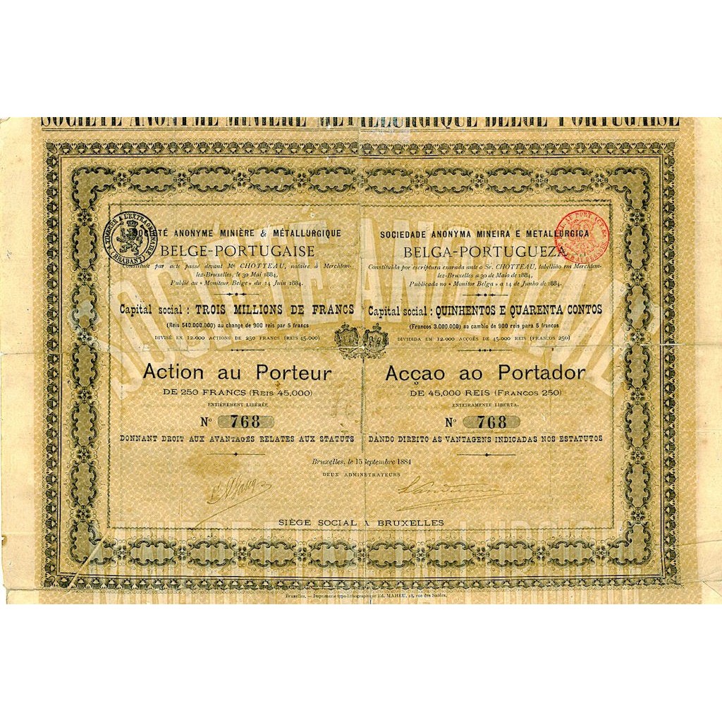 1884 - MINEIRA E METALLURGICA BELGA-PORTUGUEZA...